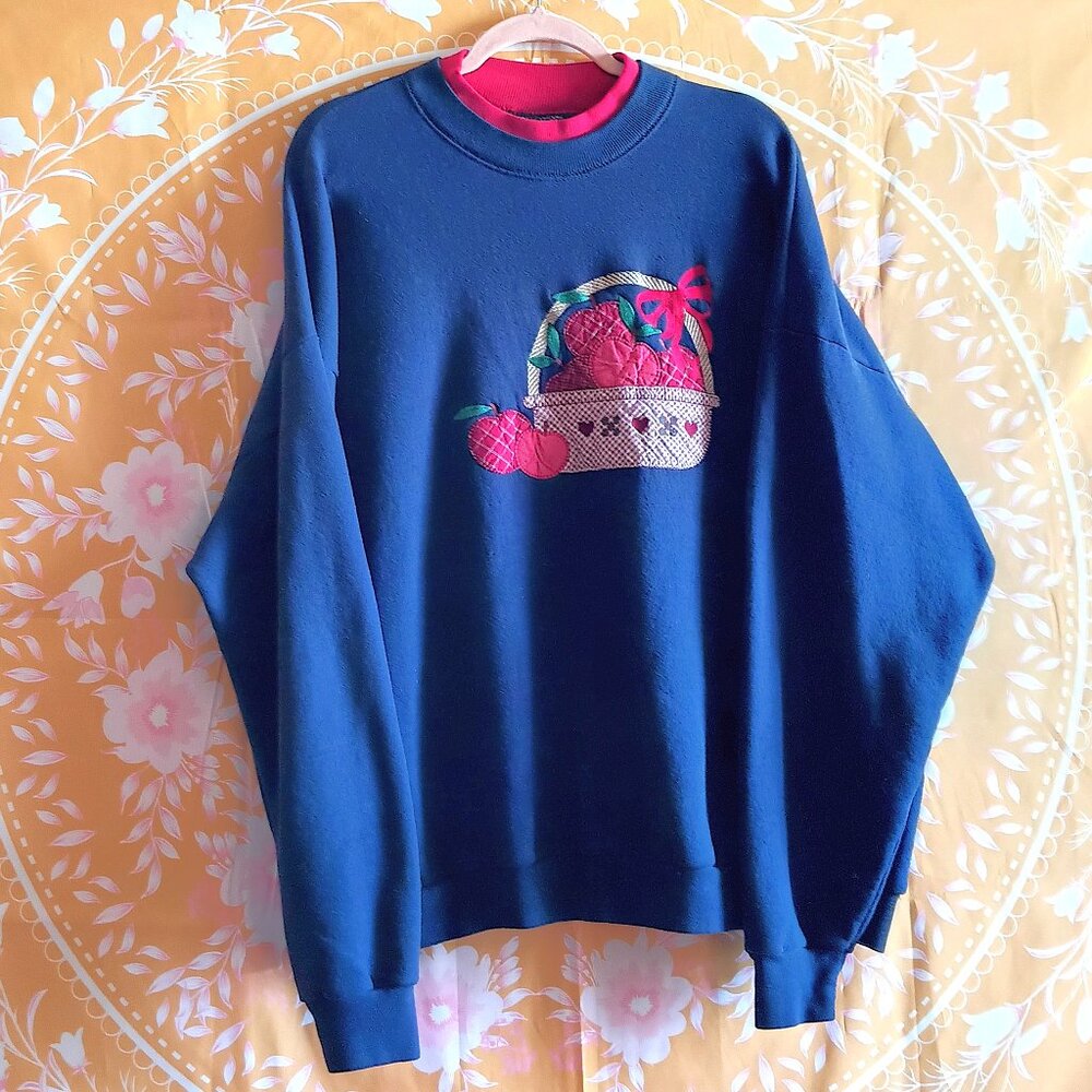 Vintage 90's Embroidered Basket of Apples Navy & Red Blue 3X Double Neck Crew